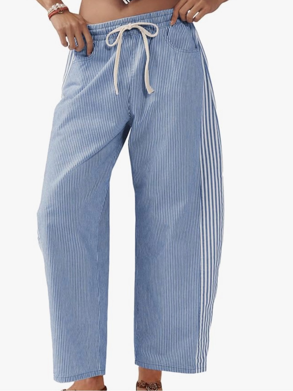 Denim Striped Wide-Leg Drawstring Pants - Blue & White 😎